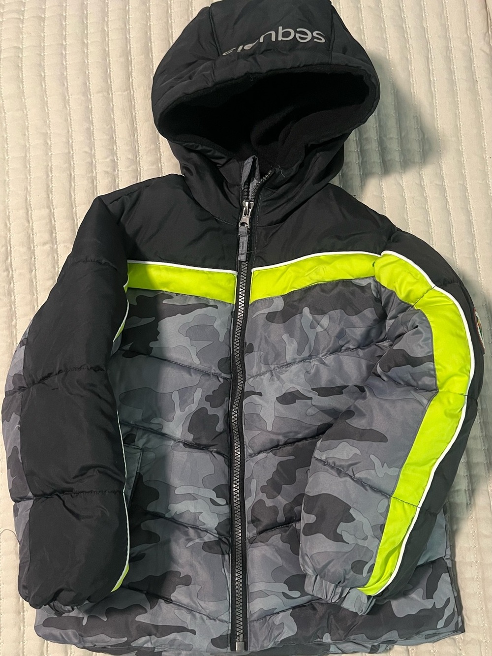 Sequoia Boys' Black & Gray Camo Puffer Jacket with Neon Yellow Trim